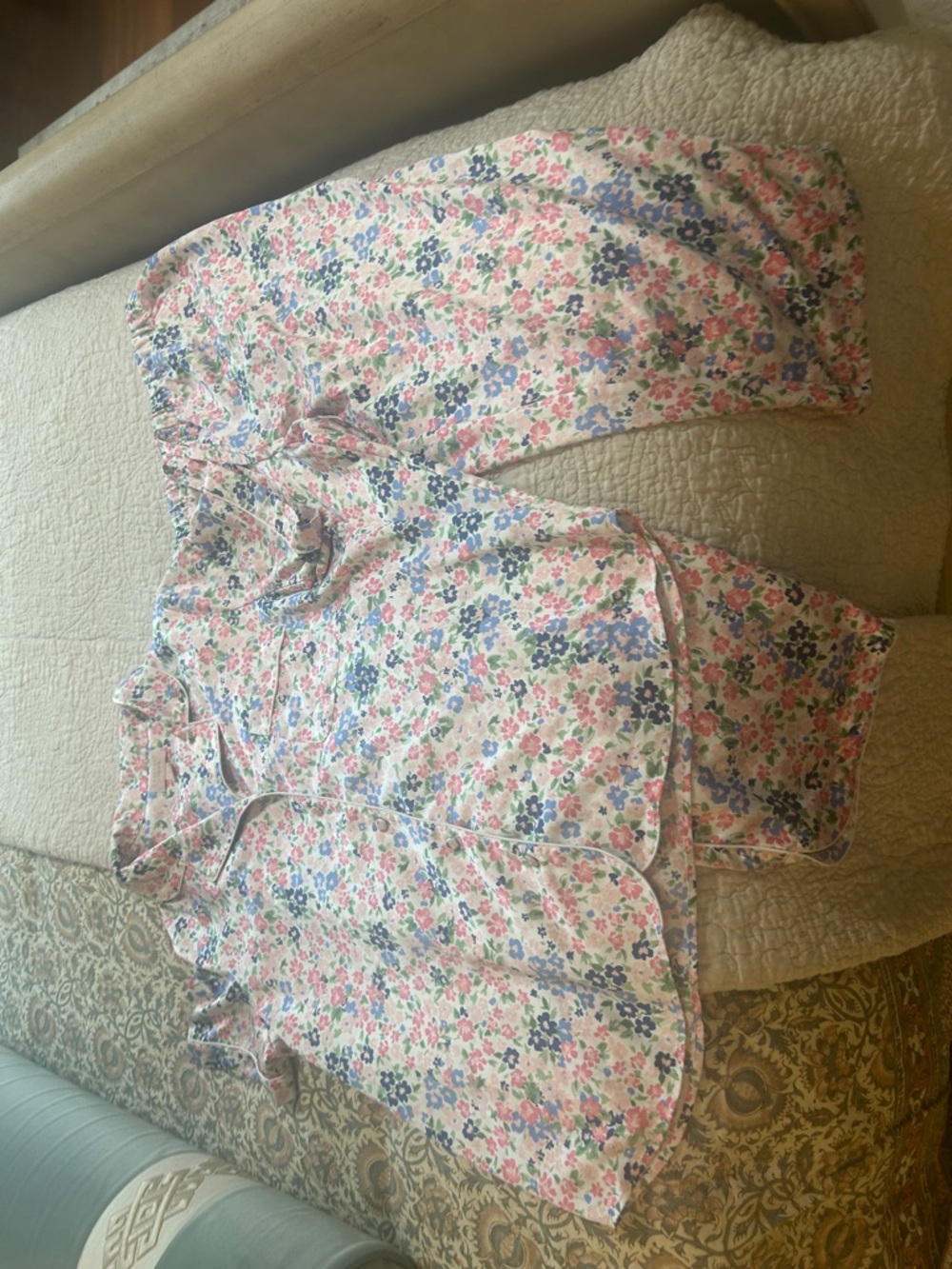 Cabernet Floral Short-Sleeve Pajama Set in White with Pink & Blue Flowers